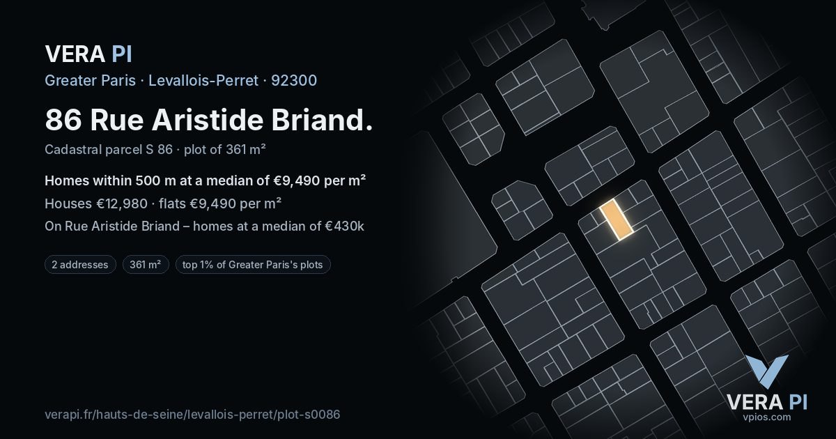 86 Rue Aristide Briand, Levallois-Perret at night – the plot lit, the parcels around coloured by the prices near them