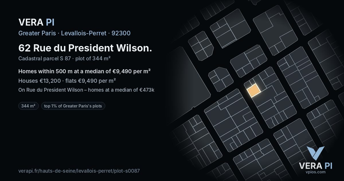 62 Rue du President Wilson, Levallois-Perret at night – the plot lit, the parcels around coloured by the prices near them