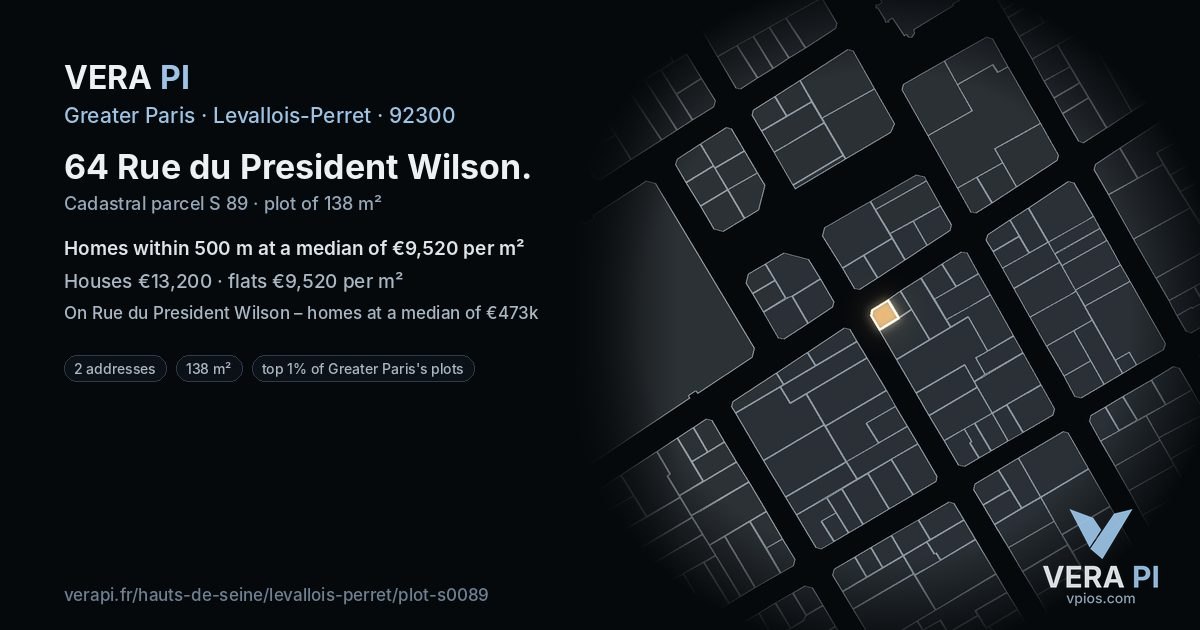 64 Rue du President Wilson, Levallois-Perret at night – the plot lit, the parcels around coloured by the prices near them