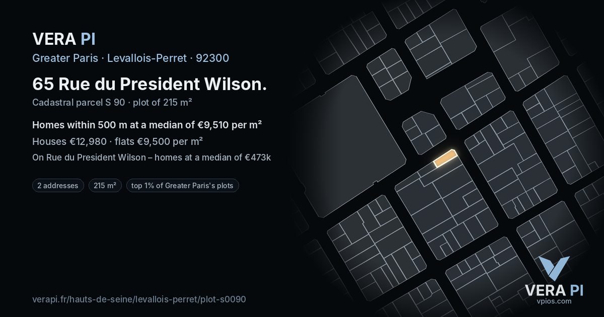 65 Rue du President Wilson, Levallois-Perret at night – the plot lit, the parcels around coloured by the prices near them