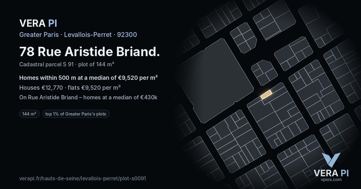 78 Rue Aristide Briand, Levallois-Perret at night – the plot lit, the parcels around coloured by the prices near them