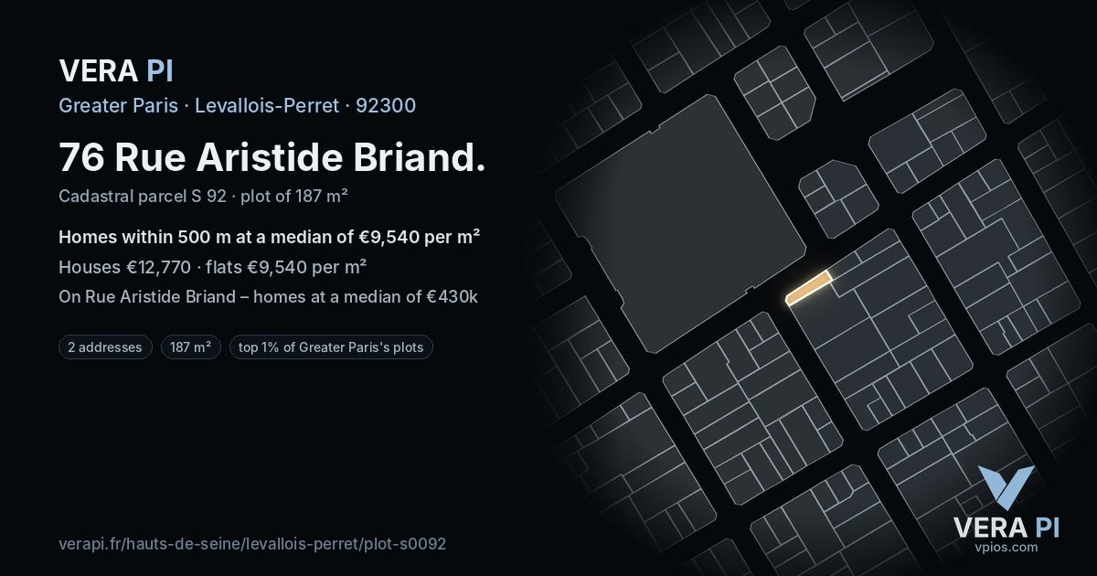 76 Rue Aristide Briand, Levallois-Perret at night – the plot lit, the parcels around coloured by the prices near them