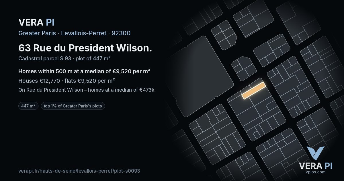 63 Rue du President Wilson, Levallois-Perret at night – the plot lit, the parcels around coloured by the prices near them
