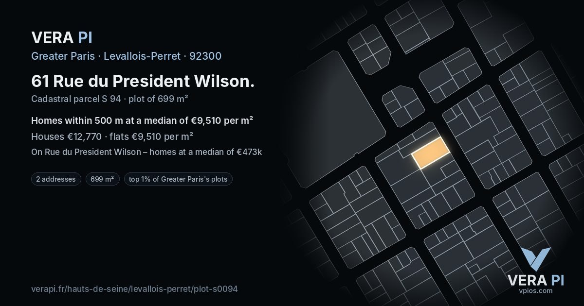 61 Rue du President Wilson, Levallois-Perret at night – the plot lit, the parcels around coloured by the prices near them
