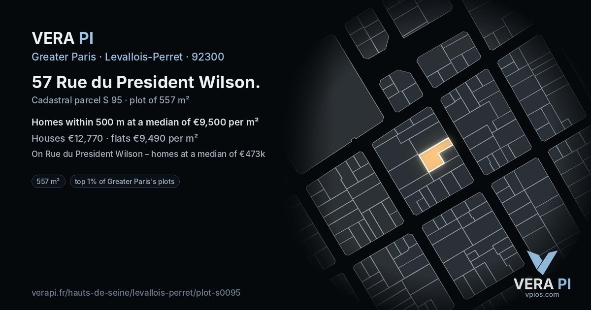 57 Rue du President Wilson, Levallois-Perret at night – the plot lit, the parcels around coloured by the prices near them