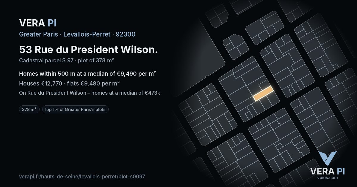 53 Rue du President Wilson, Levallois-Perret at night – the plot lit, the parcels around coloured by the prices near them