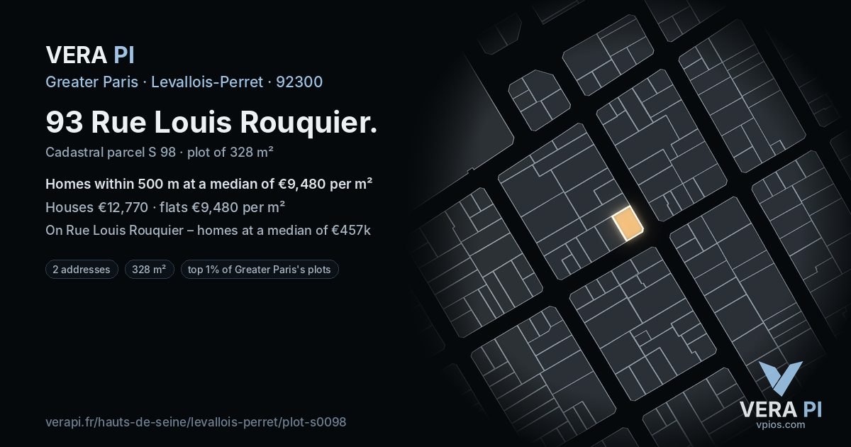 93 Rue Louis Rouquier, Levallois-Perret at night – the plot lit, the parcels around coloured by the prices near them