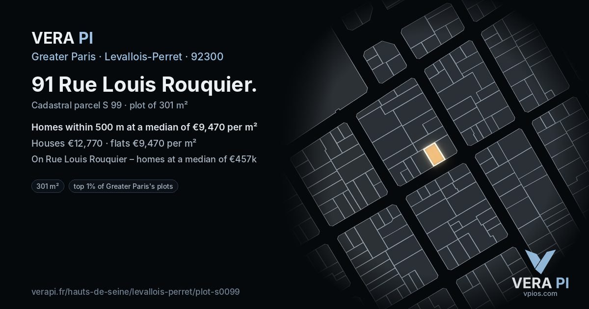 91 Rue Louis Rouquier, Levallois-Perret at night – the plot lit, the parcels around coloured by the prices near them