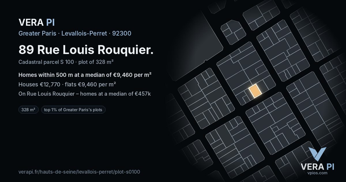 89 Rue Louis Rouquier, Levallois-Perret at night – the plot lit, the parcels around coloured by the prices near them