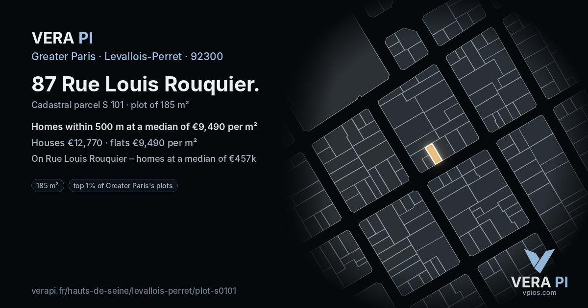 87 Rue Louis Rouquier, Levallois-Perret at night – the plot lit, the parcels around coloured by the prices near them