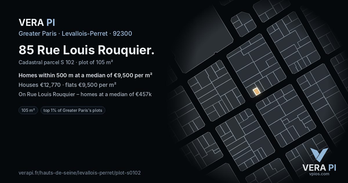 85 Rue Louis Rouquier, Levallois-Perret at night – the plot lit, the parcels around coloured by the prices near them