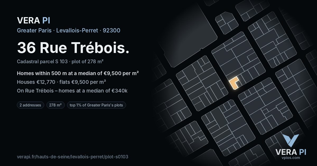 36 Rue Trébois, Levallois-Perret at night – the plot lit, the parcels around coloured by the prices near them