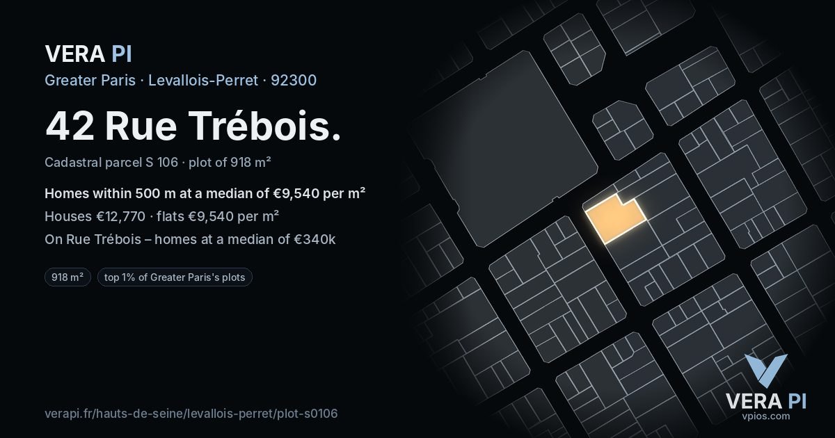 42 Rue Trébois, Levallois-Perret at night – the plot lit, the parcels around coloured by the prices near them