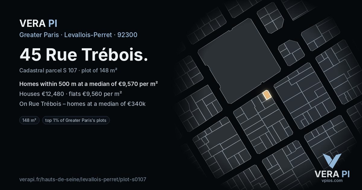 45 Rue Trébois, Levallois-Perret at night – the plot lit, the parcels around coloured by the prices near them