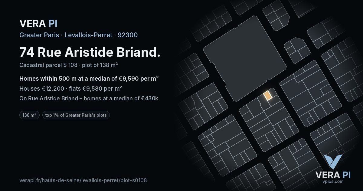 74 Rue Aristide Briand, Levallois-Perret at night – the plot lit, the parcels around coloured by the prices near them