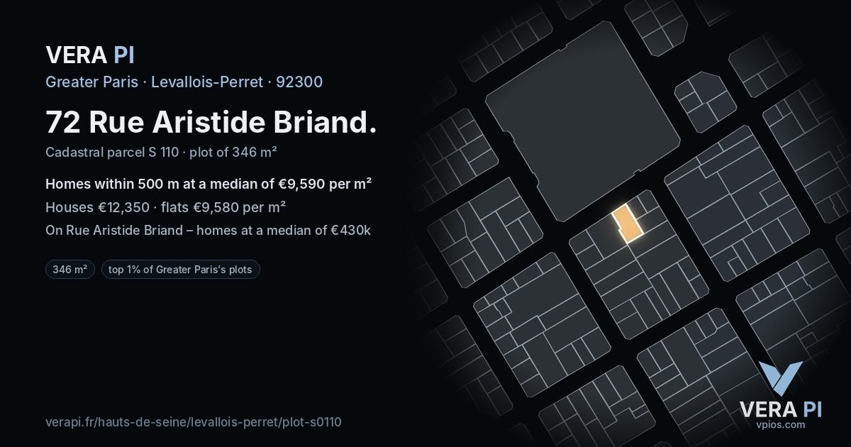 72 Rue Aristide Briand, Levallois-Perret at night – the plot lit, the parcels around coloured by the prices near them