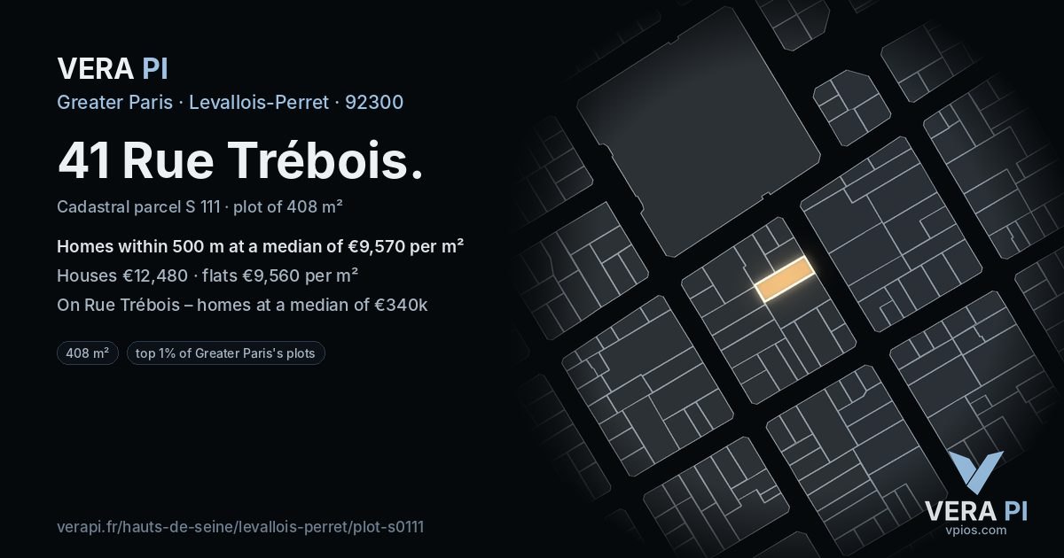 41 Rue Trébois, Levallois-Perret at night – the plot lit, the parcels around coloured by the prices near them