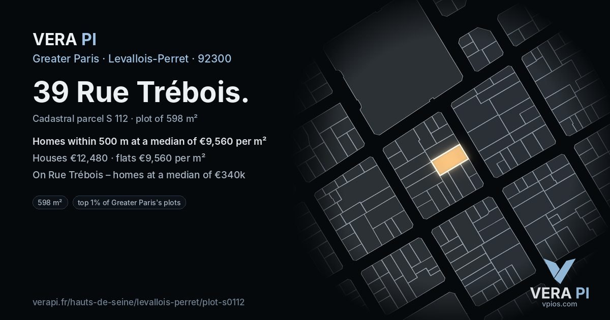 39 Rue Trébois, Levallois-Perret at night – the plot lit, the parcels around coloured by the prices near them