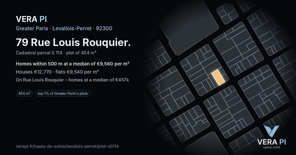 79 Rue Louis Rouquier, Levallois-Perret at night – the plot lit, the parcels around coloured by the prices near them