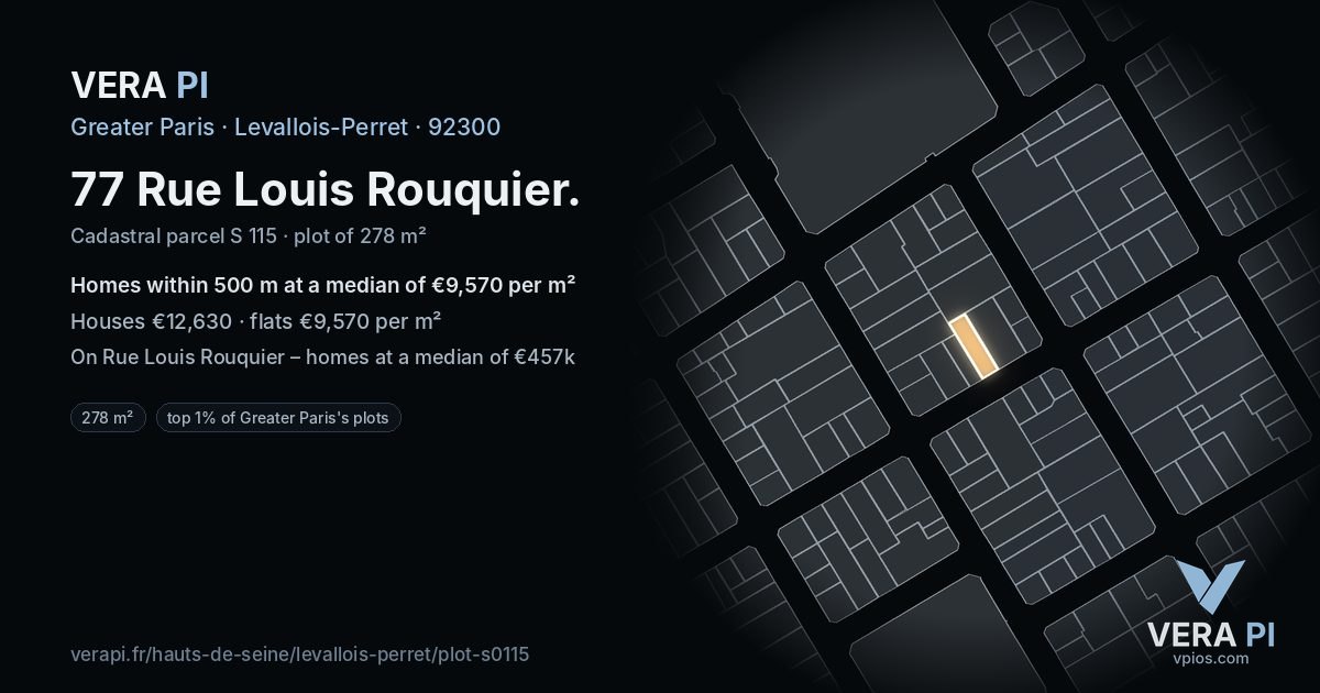 77 Rue Louis Rouquier, Levallois-Perret at night – the plot lit, the parcels around coloured by the prices near them