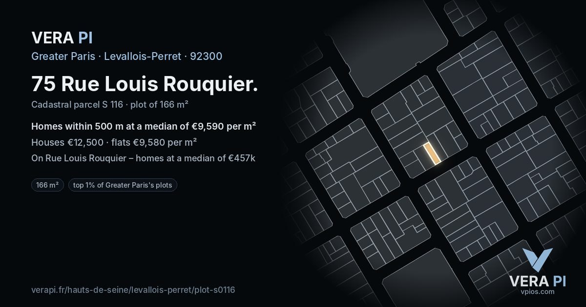 75 Rue Louis Rouquier, Levallois-Perret at night – the plot lit, the parcels around coloured by the prices near them