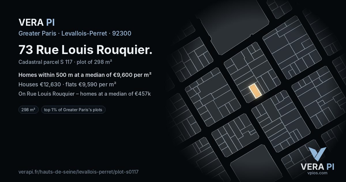73 Rue Louis Rouquier, Levallois-Perret at night – the plot lit, the parcels around coloured by the prices near them
