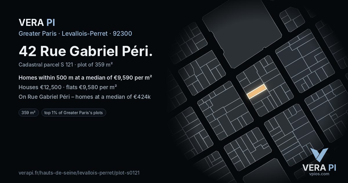42 Rue Gabriel Péri, Levallois-Perret at night – the plot lit, the parcels around coloured by the prices near them
