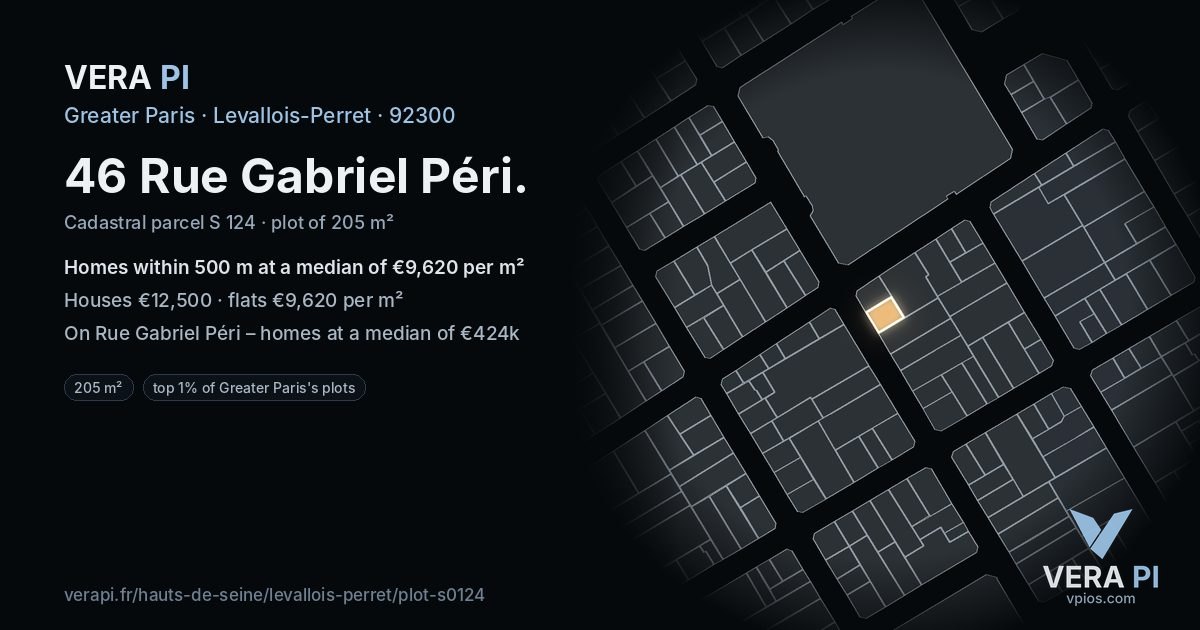 46 Rue Gabriel Péri, Levallois-Perret at night – the plot lit, the parcels around coloured by the prices near them