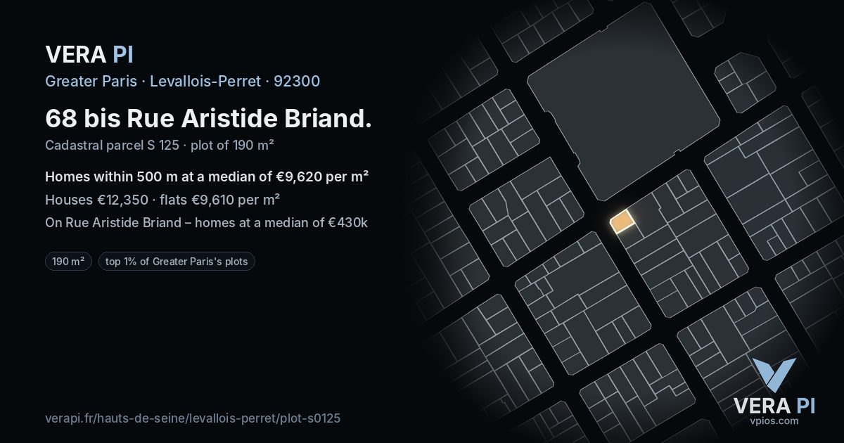 68 bis Rue Aristide Briand, Levallois-Perret at night – the plot lit, the parcels around coloured by the prices near them