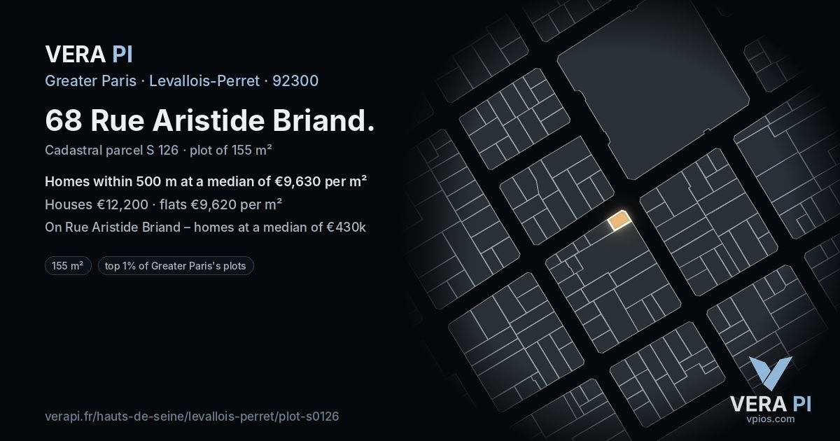 68 Rue Aristide Briand, Levallois-Perret at night – the plot lit, the parcels around coloured by the prices near them