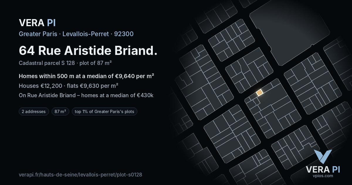 64 Rue Aristide Briand, Levallois-Perret at night – the plot lit, the parcels around coloured by the prices near them