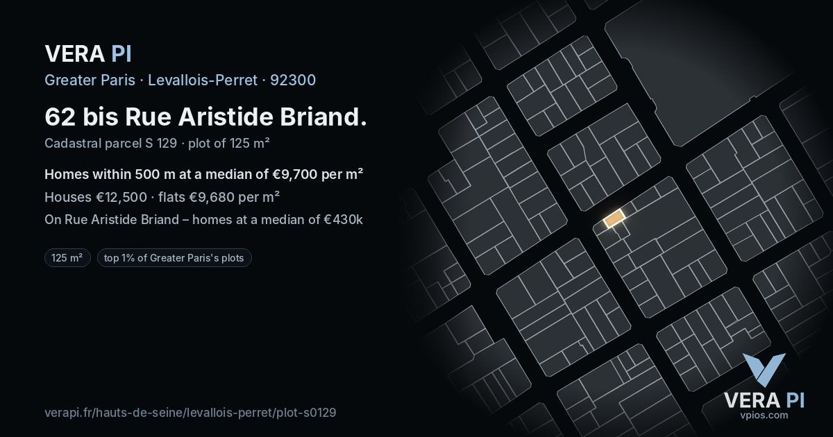 62 bis Rue Aristide Briand, Levallois-Perret at night – the plot lit, the parcels around coloured by the prices near them
