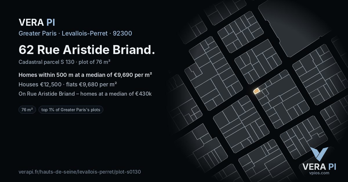 62 Rue Aristide Briand, Levallois-Perret at night – the plot lit, the parcels around coloured by the prices near them