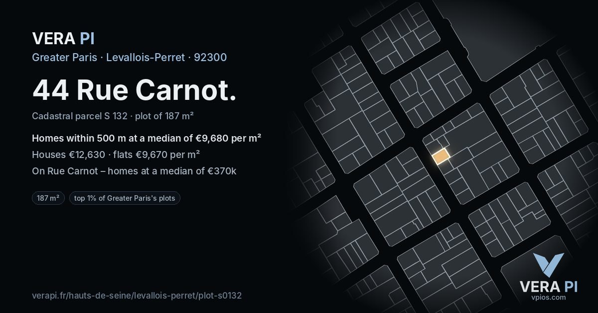 44 Rue Carnot, Levallois-Perret at night – the plot lit, the parcels around coloured by the prices near them