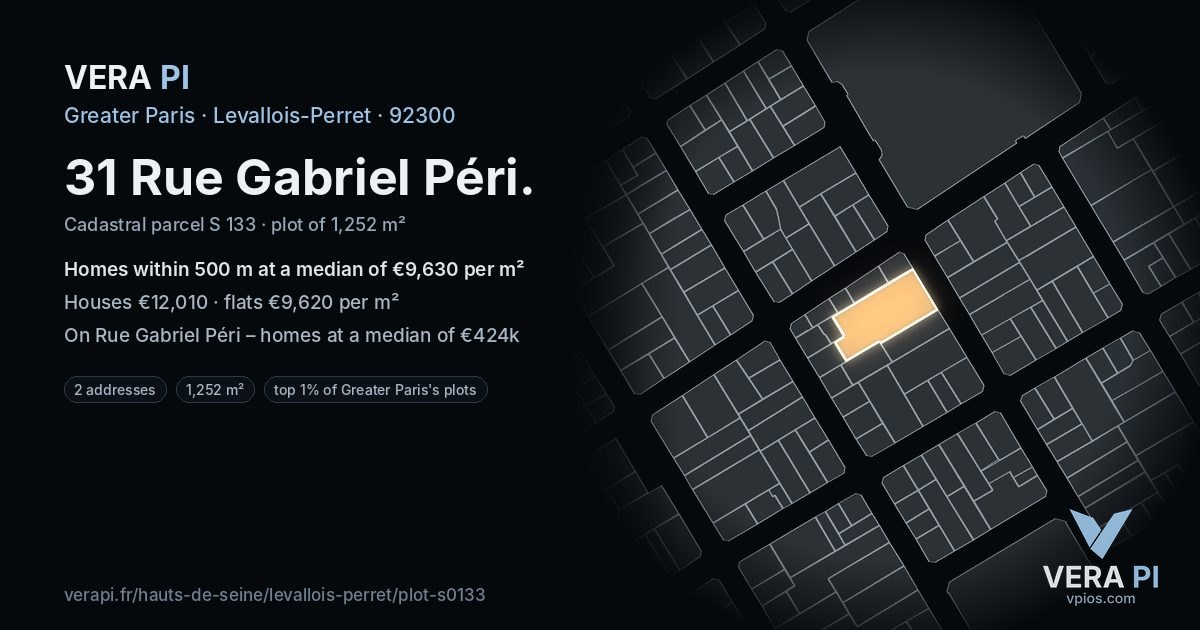 31 Rue Gabriel Péri, Levallois-Perret at night – the plot lit, the parcels around coloured by the prices near them