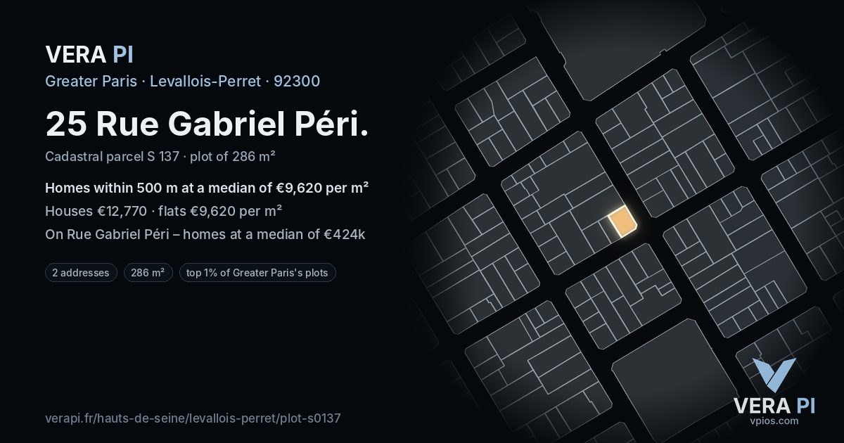 25 Rue Gabriel Péri, Levallois-Perret at night – the plot lit, the parcels around coloured by the prices near them