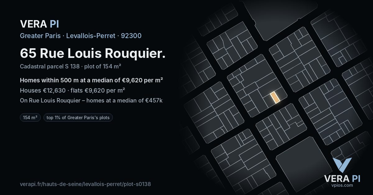 65 Rue Louis Rouquier, Levallois-Perret at night – the plot lit, the parcels around coloured by the prices near them