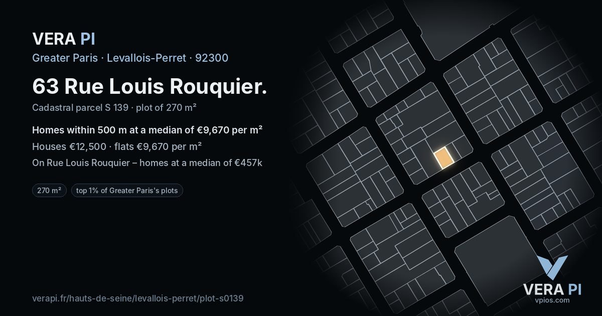 63 Rue Louis Rouquier, Levallois-Perret at night – the plot lit, the parcels around coloured by the prices near them