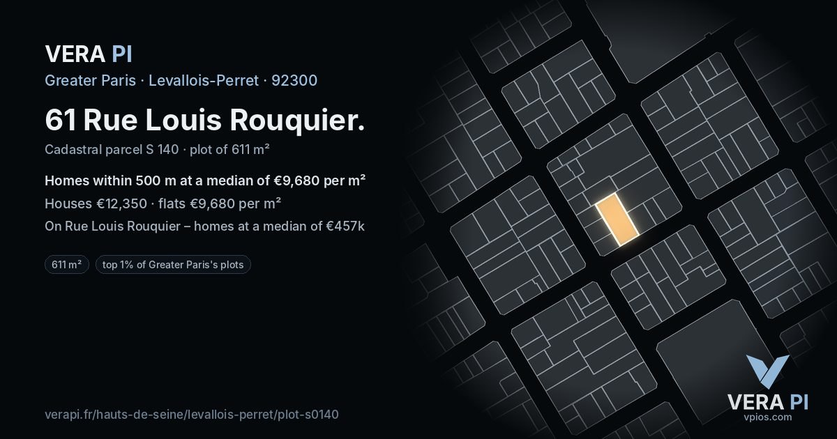 61 Rue Louis Rouquier, Levallois-Perret at night – the plot lit, the parcels around coloured by the prices near them