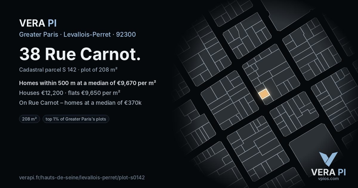 38 Rue Carnot, Levallois-Perret at night – the plot lit, the parcels around coloured by the prices near them