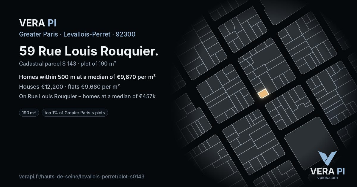 59 Rue Louis Rouquier, Levallois-Perret at night – the plot lit, the parcels around coloured by the prices near them