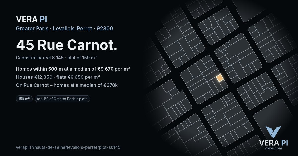 45 Rue Carnot, Levallois-Perret at night – the plot lit, the parcels around coloured by the prices near them