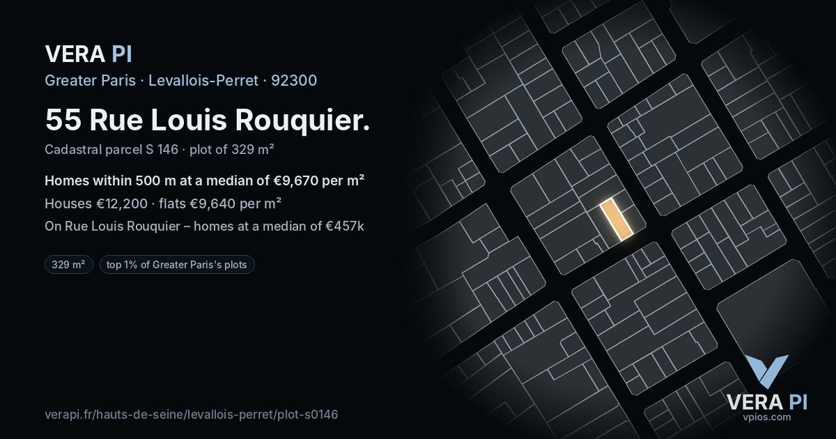 55 Rue Louis Rouquier, Levallois-Perret at night – the plot lit, the parcels around coloured by the prices near them