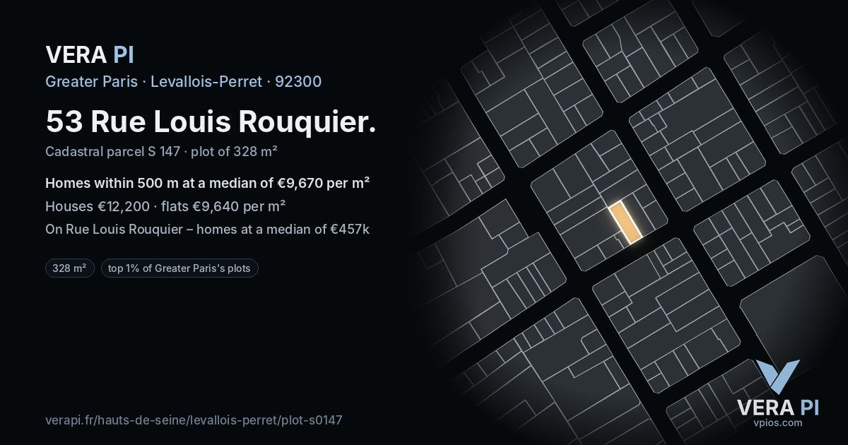 53 Rue Louis Rouquier, Levallois-Perret at night – the plot lit, the parcels around coloured by the prices near them