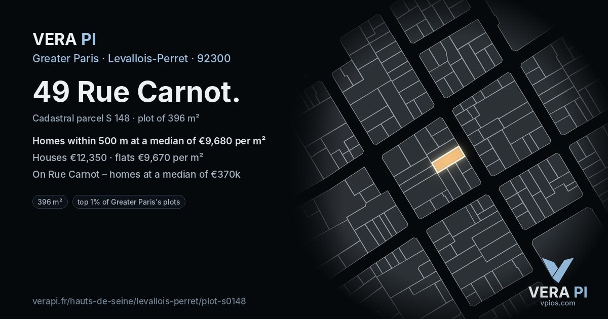 49 Rue Carnot, Levallois-Perret at night – the plot lit, the parcels around coloured by the prices near them
