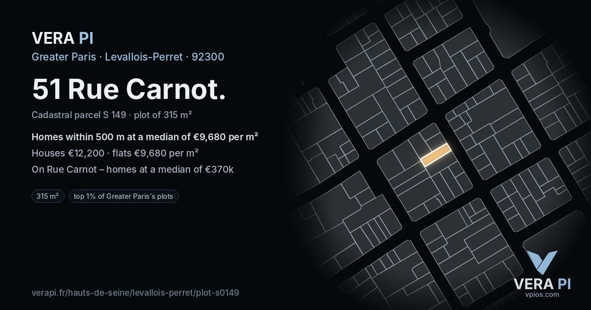 51 Rue Carnot, Levallois-Perret at night – the plot lit, the parcels around coloured by the prices near them