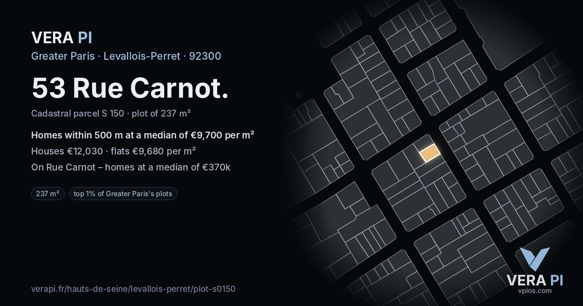 53 Rue Carnot, Levallois-Perret at night – the plot lit, the parcels around coloured by the prices near them