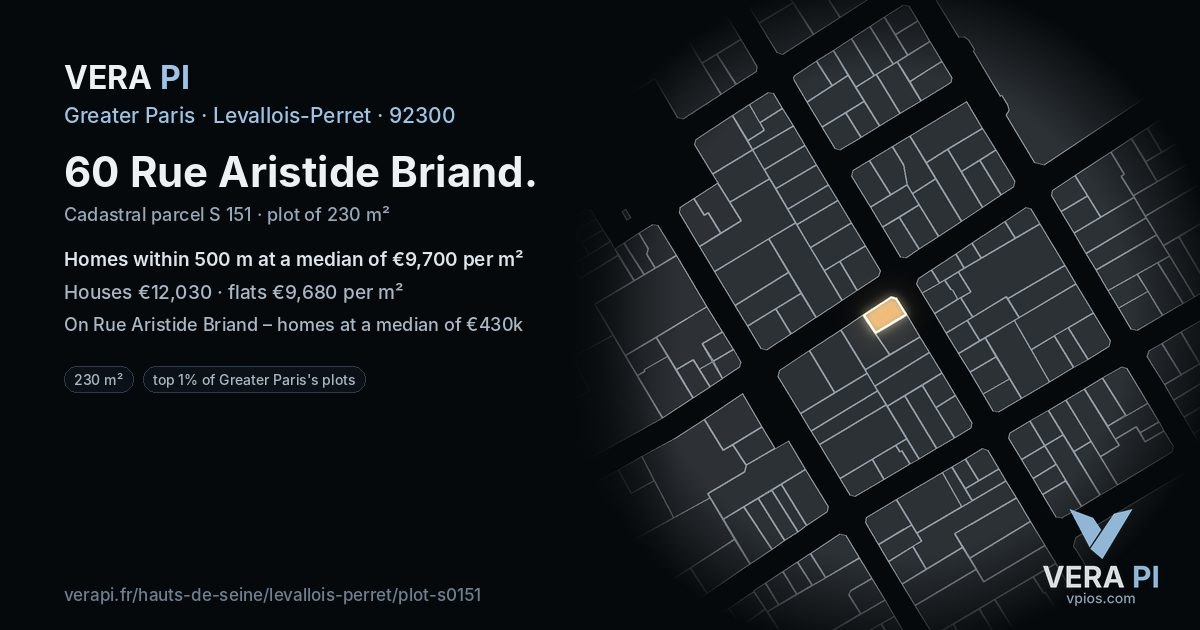 60 Rue Aristide Briand, Levallois-Perret at night – the plot lit, the parcels around coloured by the prices near them