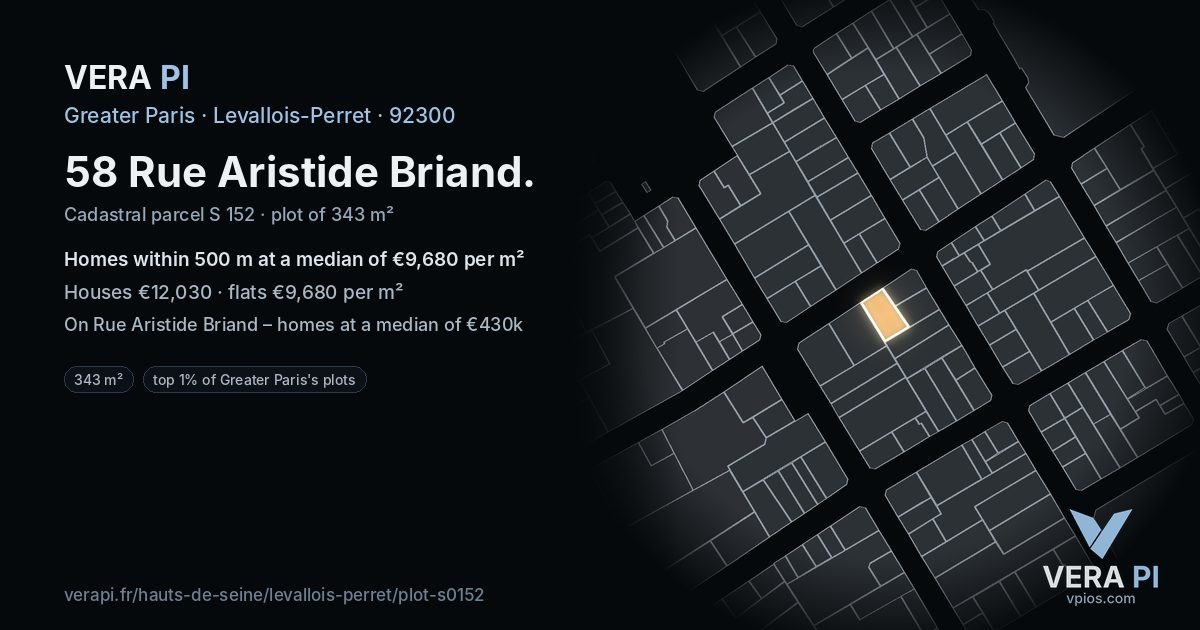 58 Rue Aristide Briand, Levallois-Perret at night – the plot lit, the parcels around coloured by the prices near them