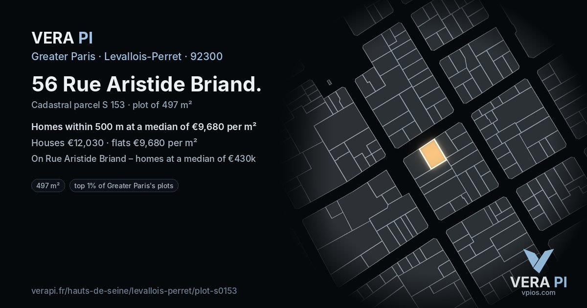 56 Rue Aristide Briand, Levallois-Perret at night – the plot lit, the parcels around coloured by the prices near them